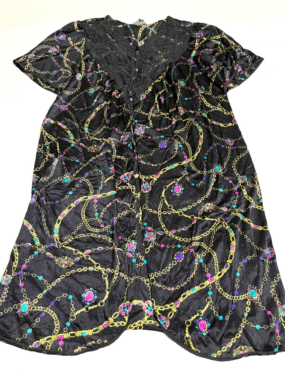 Vassarette Robe Vintage 80s Satin with Gold Chain and Bright Jewel Accents